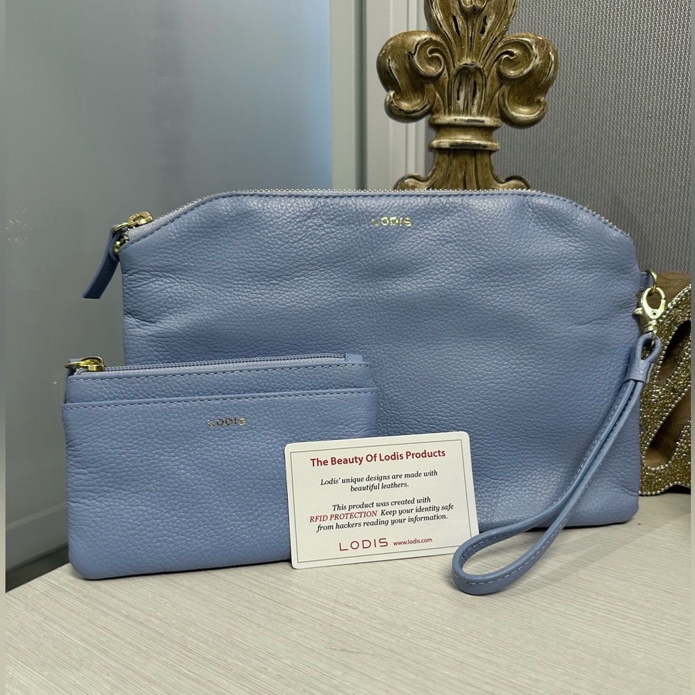 Leather Lodis Powder Blue Clutch Wristlet Purse & RFID Wallet Set of 2 - NWOT